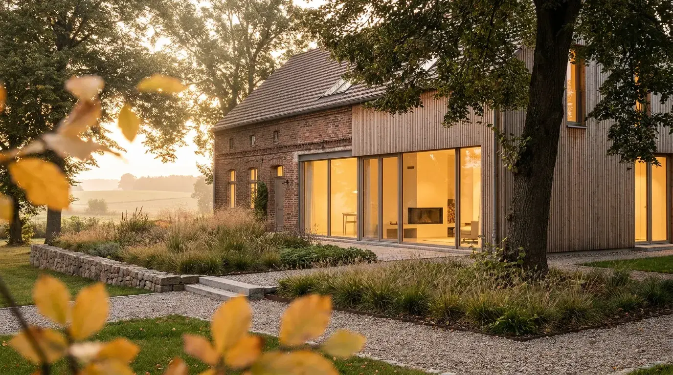 Modernes Einfamilienhaus mit neuen Fenstern im Abendlicht